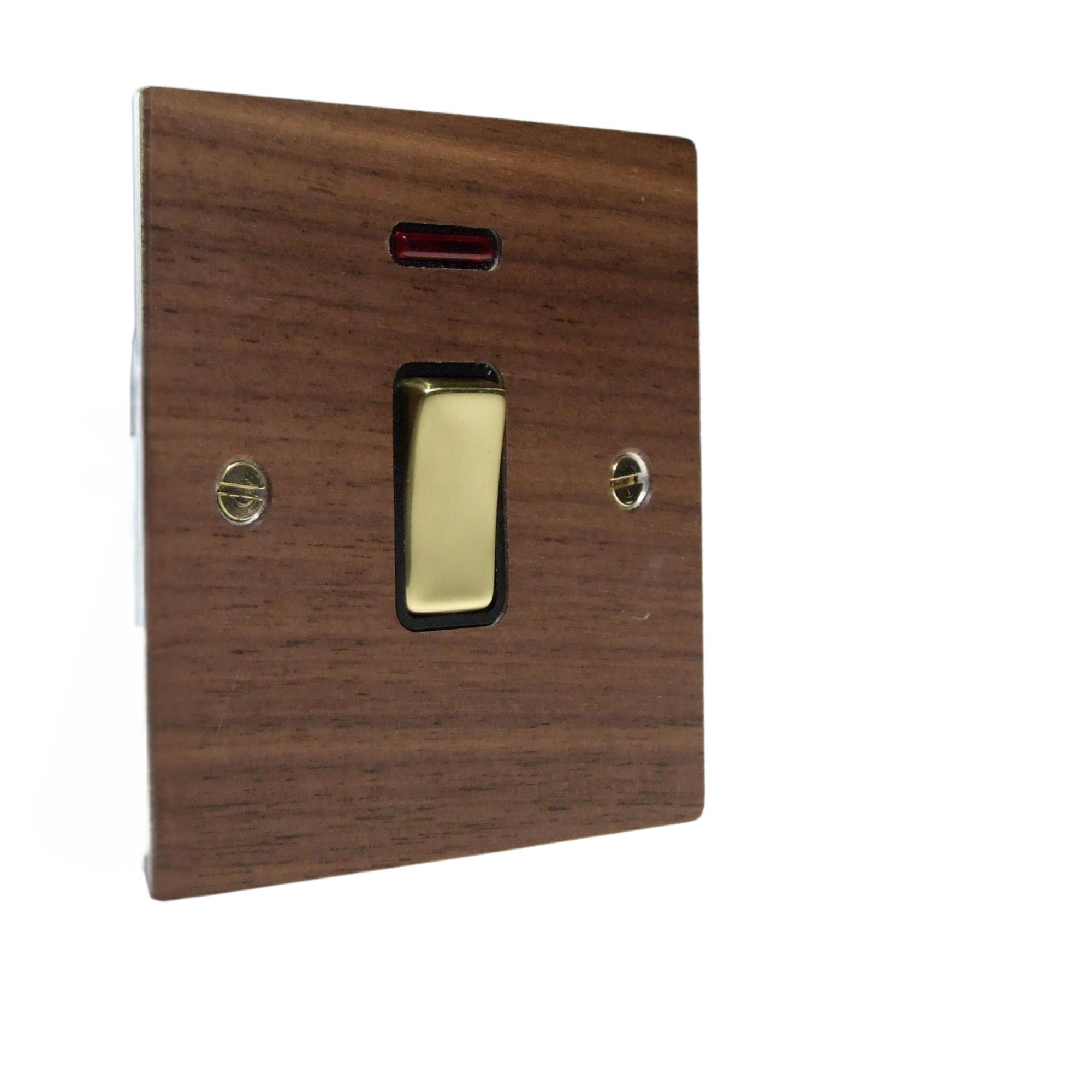 Walnut Veneer Double Pole Switch Polished Brass and Black with Neon