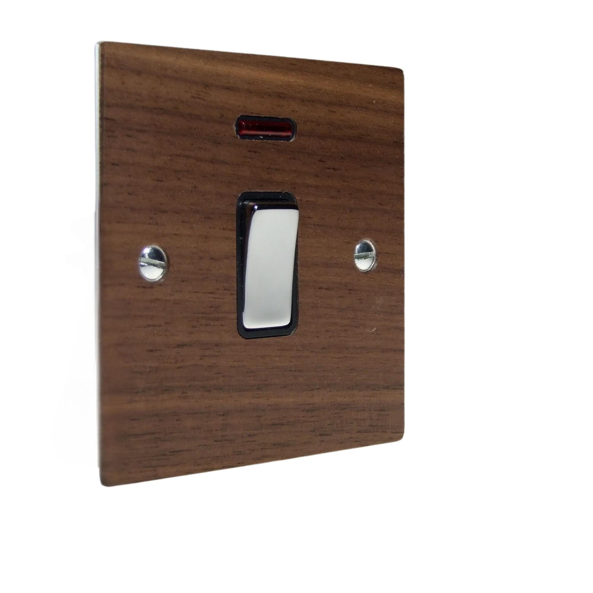 Walnut Veneer Double Pole Switch Polished Chrome and Black with Neon