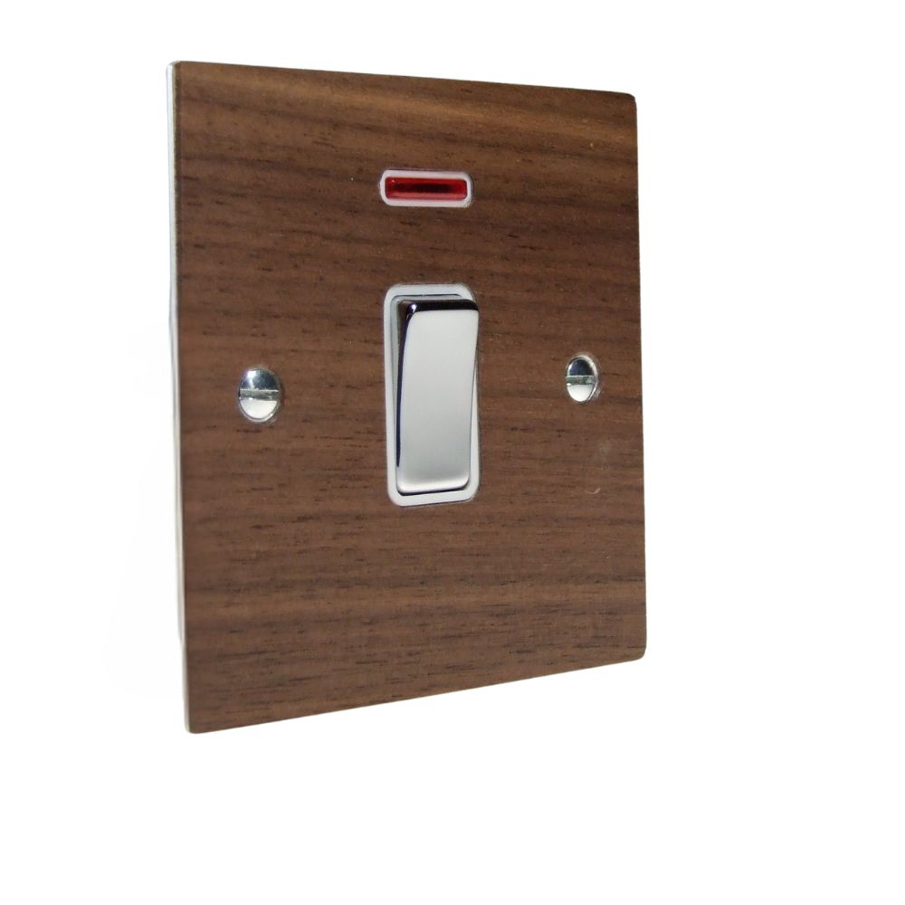 Walnut Veneer Double Pole Switch Polished Chrome and White with Neon