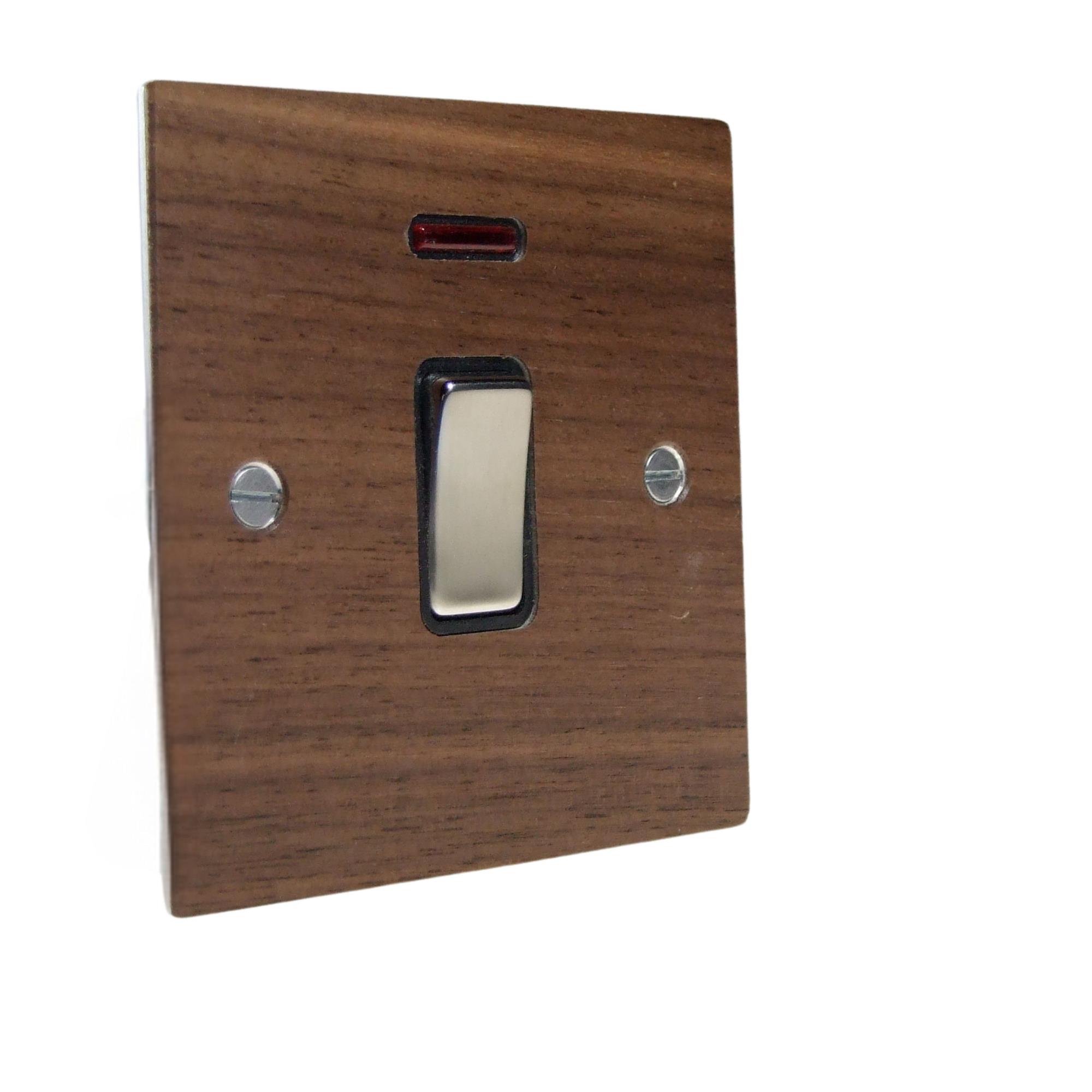 Walnut Veneer Double Pole Switch Satin Stainless and Black with Neon