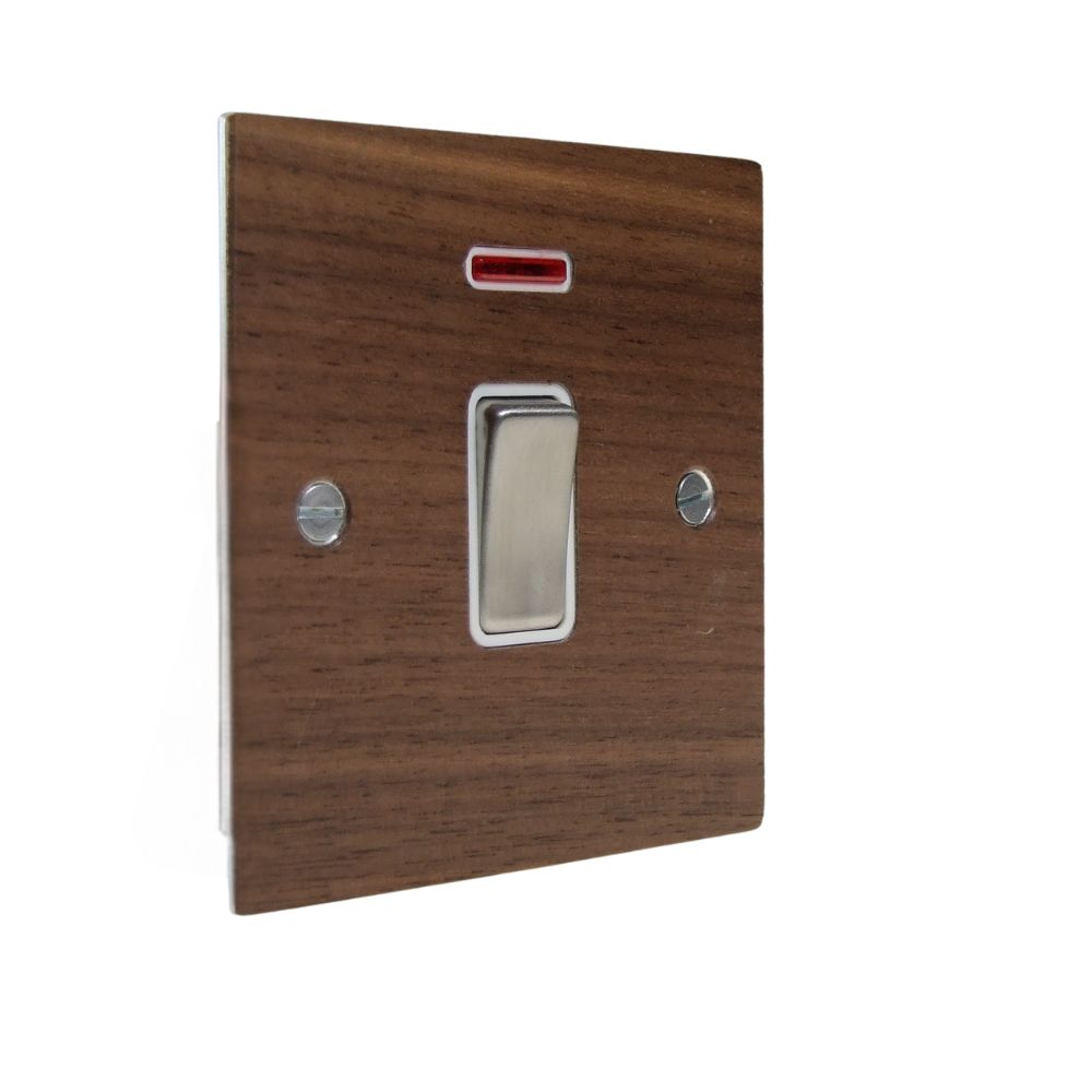 Walnut Veneer Double Pole Switch Satin Stainless and White with Neon