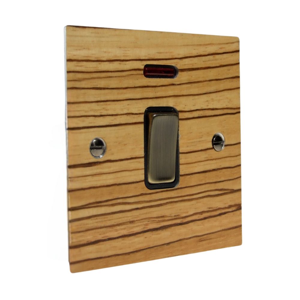 Zebranno Veneer Double Pole Switch Antique Brass and Black with Neon