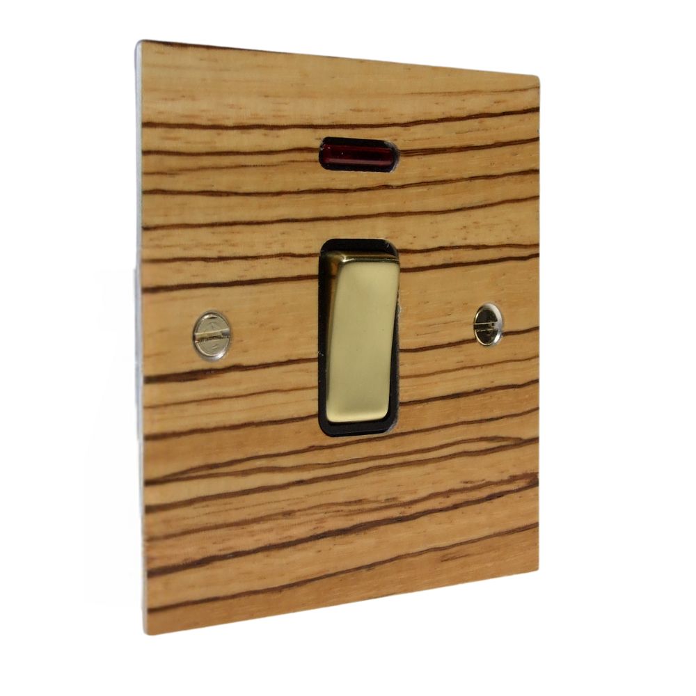 Zebranno Veneer Double Pole Switch Polished Brass and Black with Neon