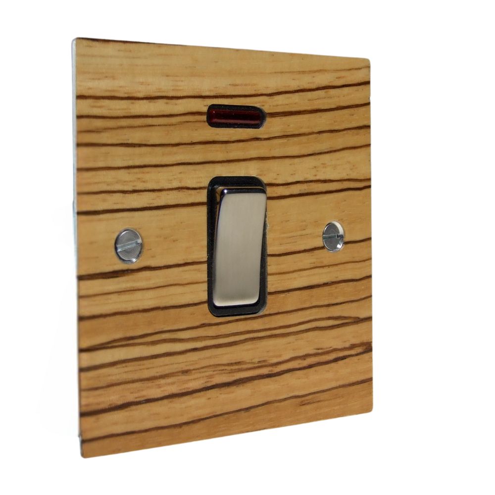 Zebranno Veneer Double Pole Switch Satin Stainless and Black with Neon