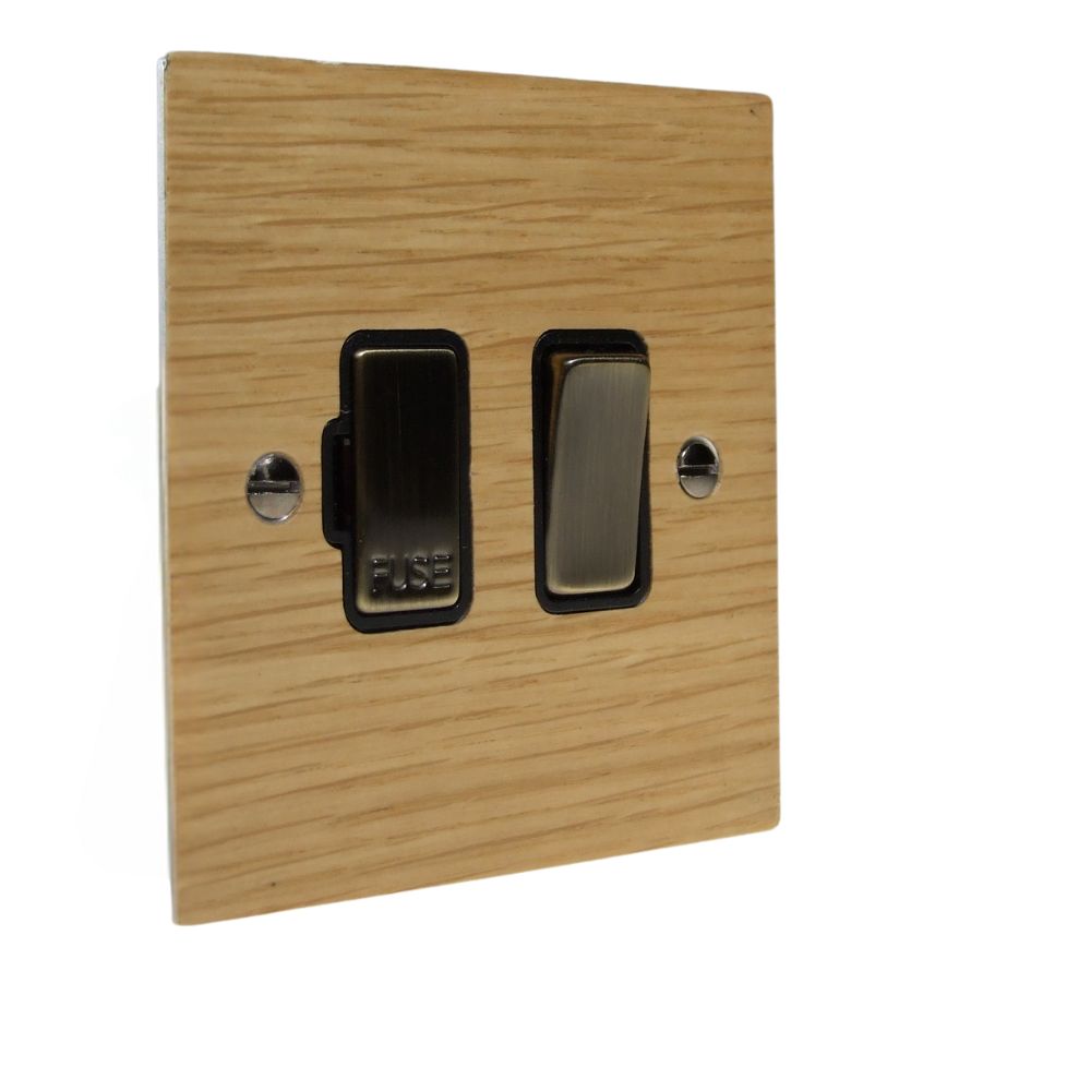 Oak Veneer Switch Fuse Spur Antique Brass and Black