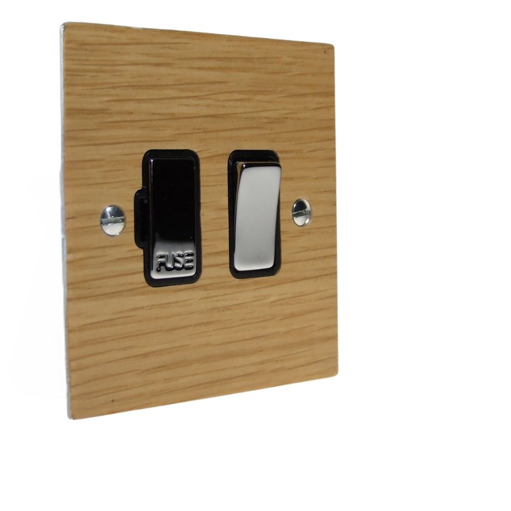 Oak Veneer Switch Fuse Spur Polished Chrome and Black