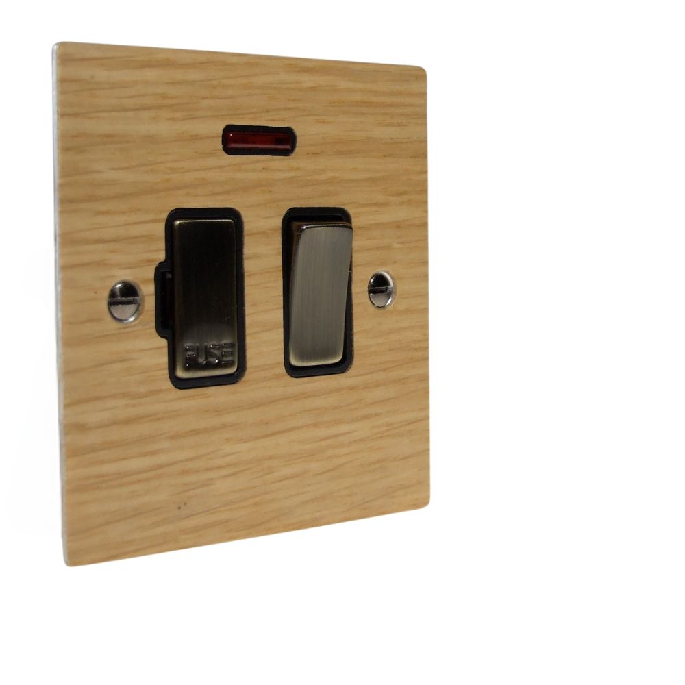 Oak Veneer Switch Fuse Spur Antique Brass and Black with Neon