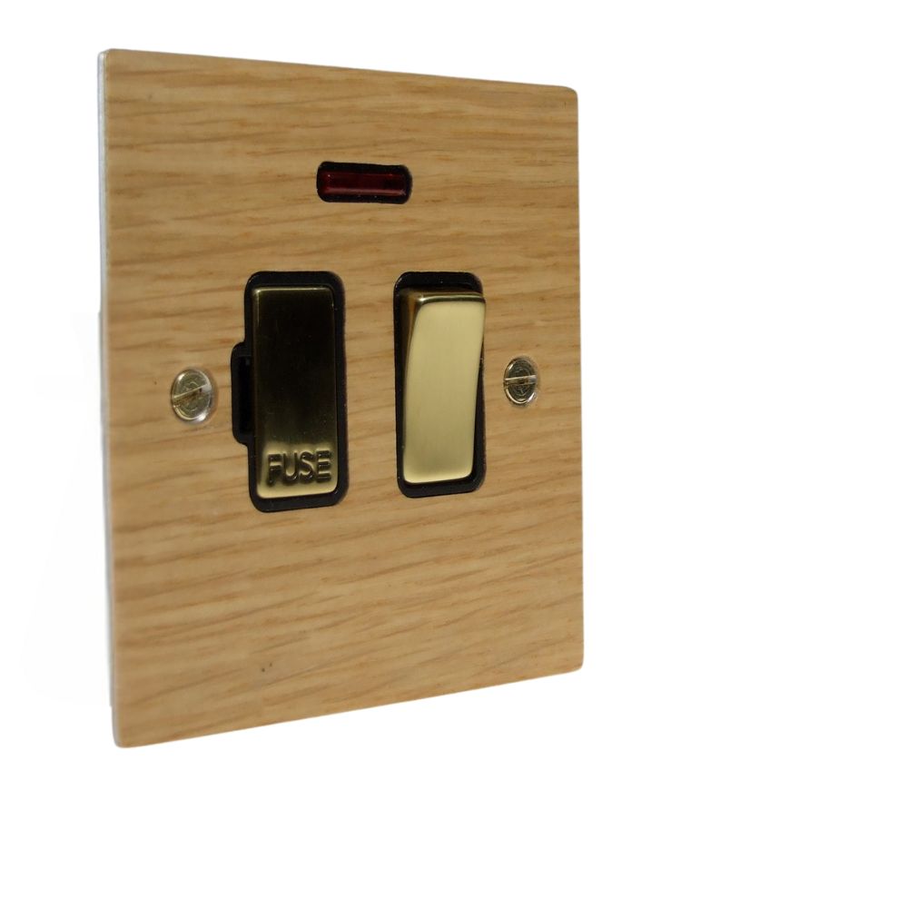 Oak Veneer Switch Fuse Spur Polished Brass and Black with Neon