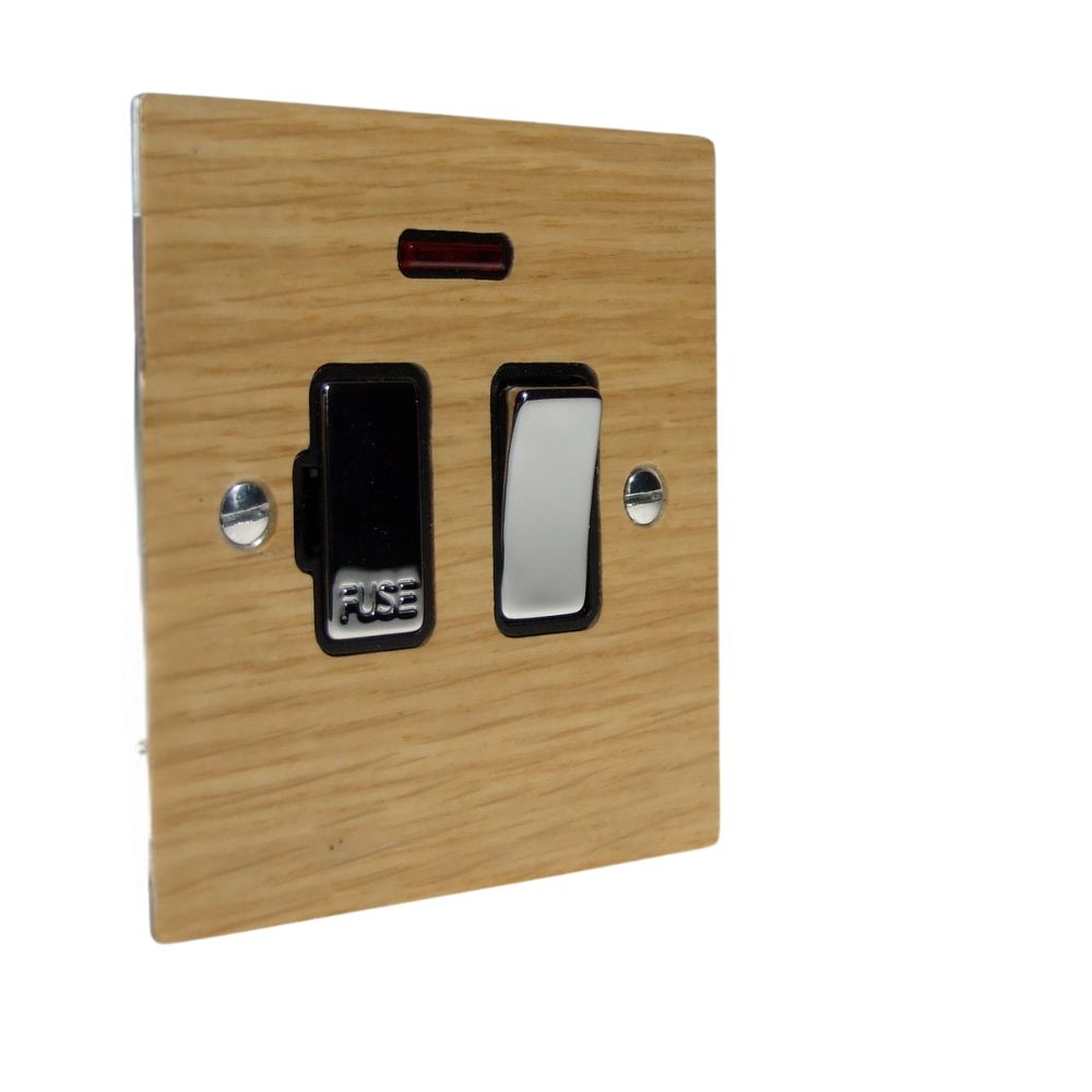 Oak Veneer Switch Fuse Spur Polished Chrome and Black With Neon
