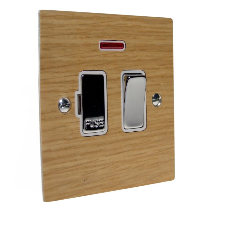 Oak Veneer Switch Fuse Spur Polished Chrome and White with Neon