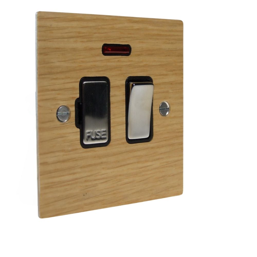 Oak Veneer Switch Fuse Spur Satin Stainless and Black with Neon