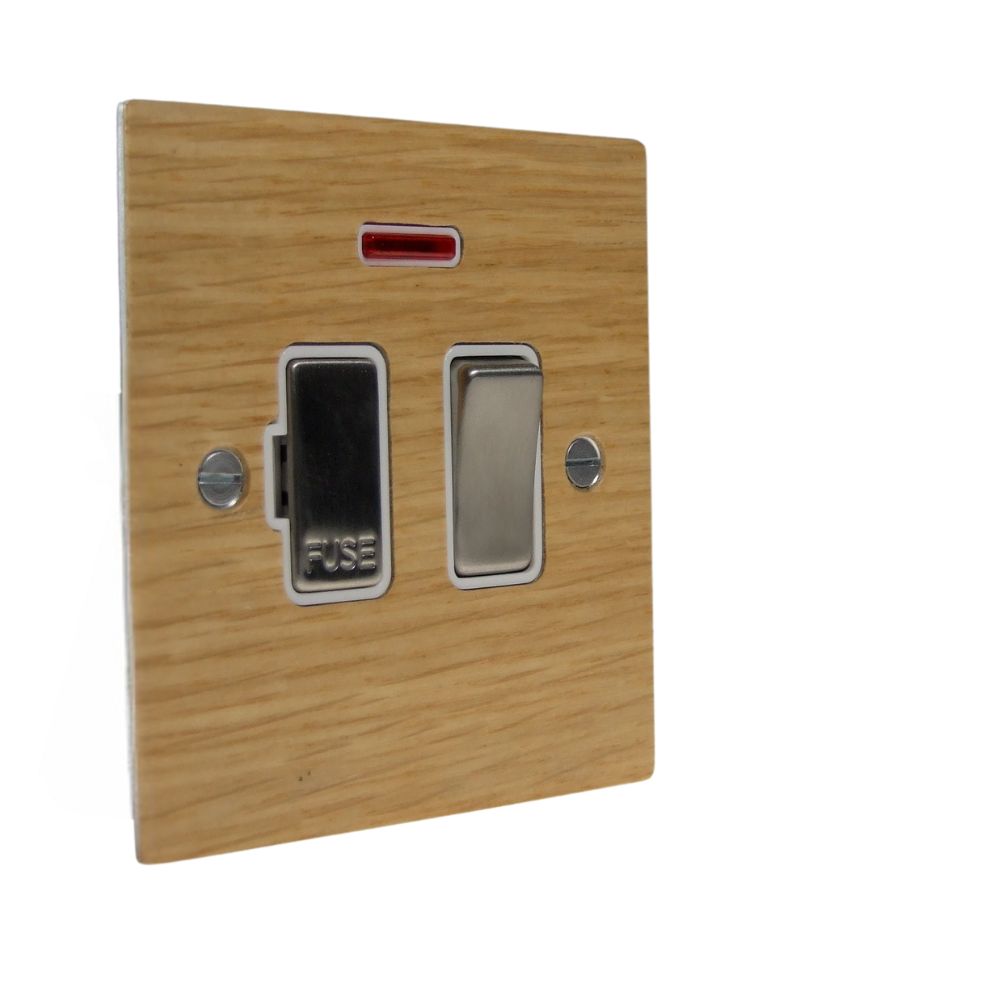 Oak Veneer Switch Fuse Spur Satin Stainless and White with Neon