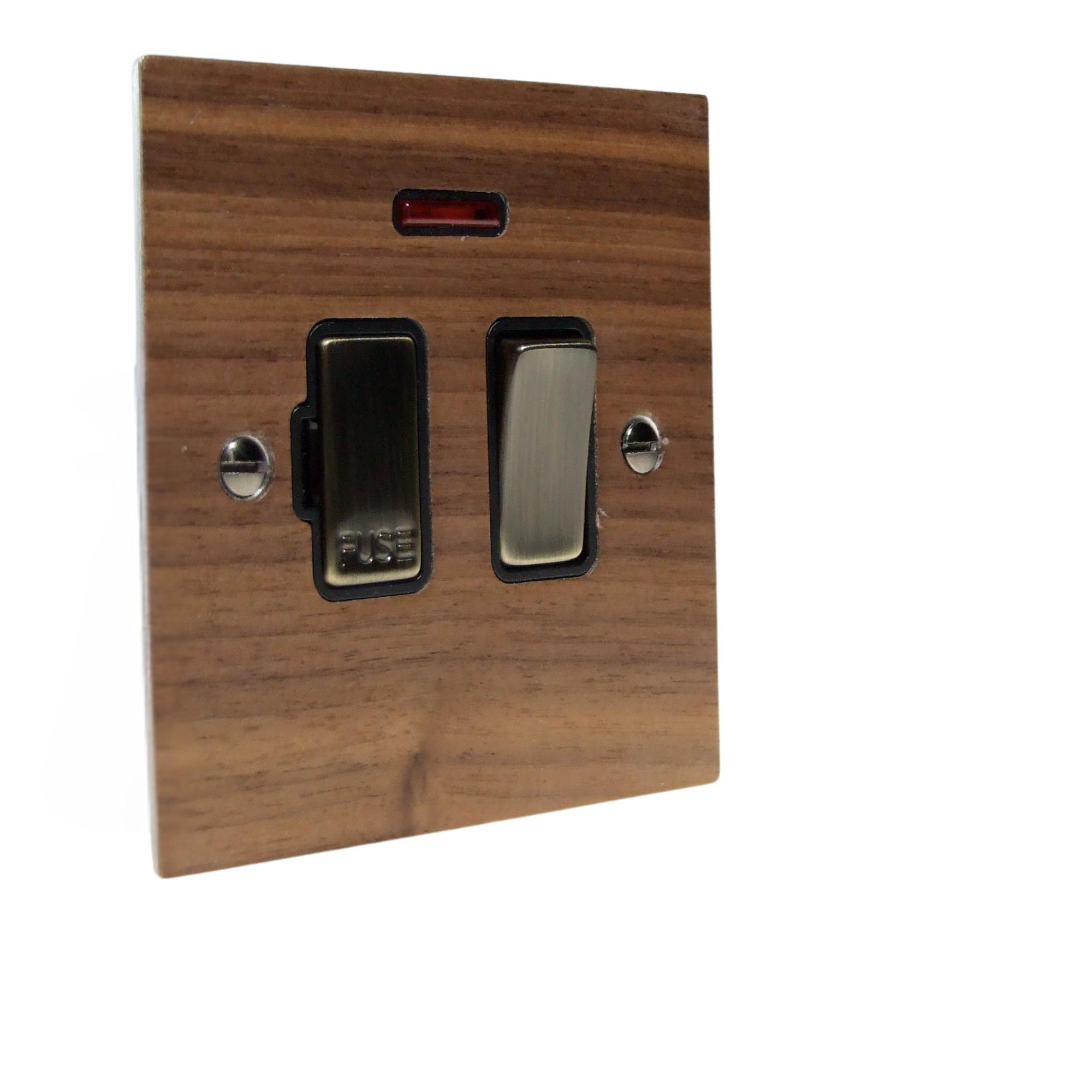 Walnut Veneer Switch Fuse Spur Antique Brass and Black with Neon