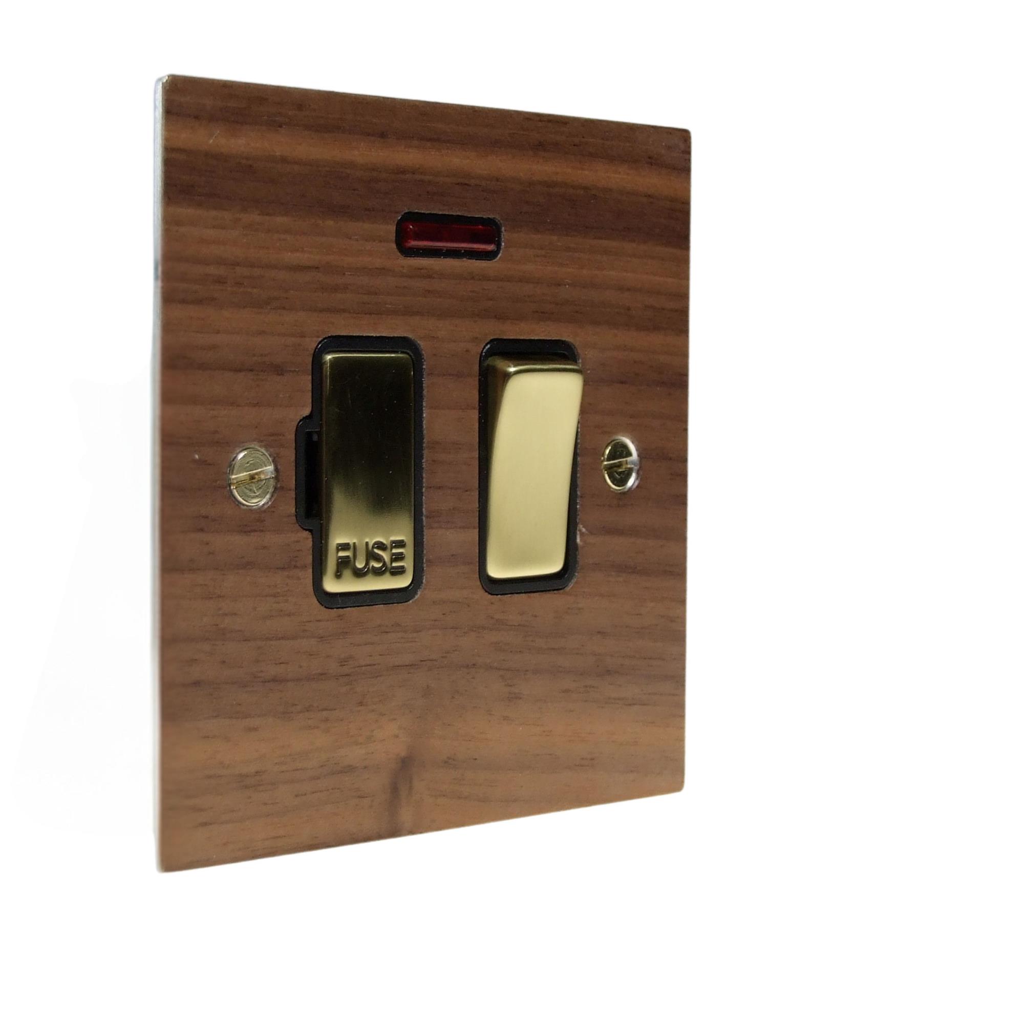 Walnut Veneer Switch Fuse Spur Polished Brass and Black with Neon