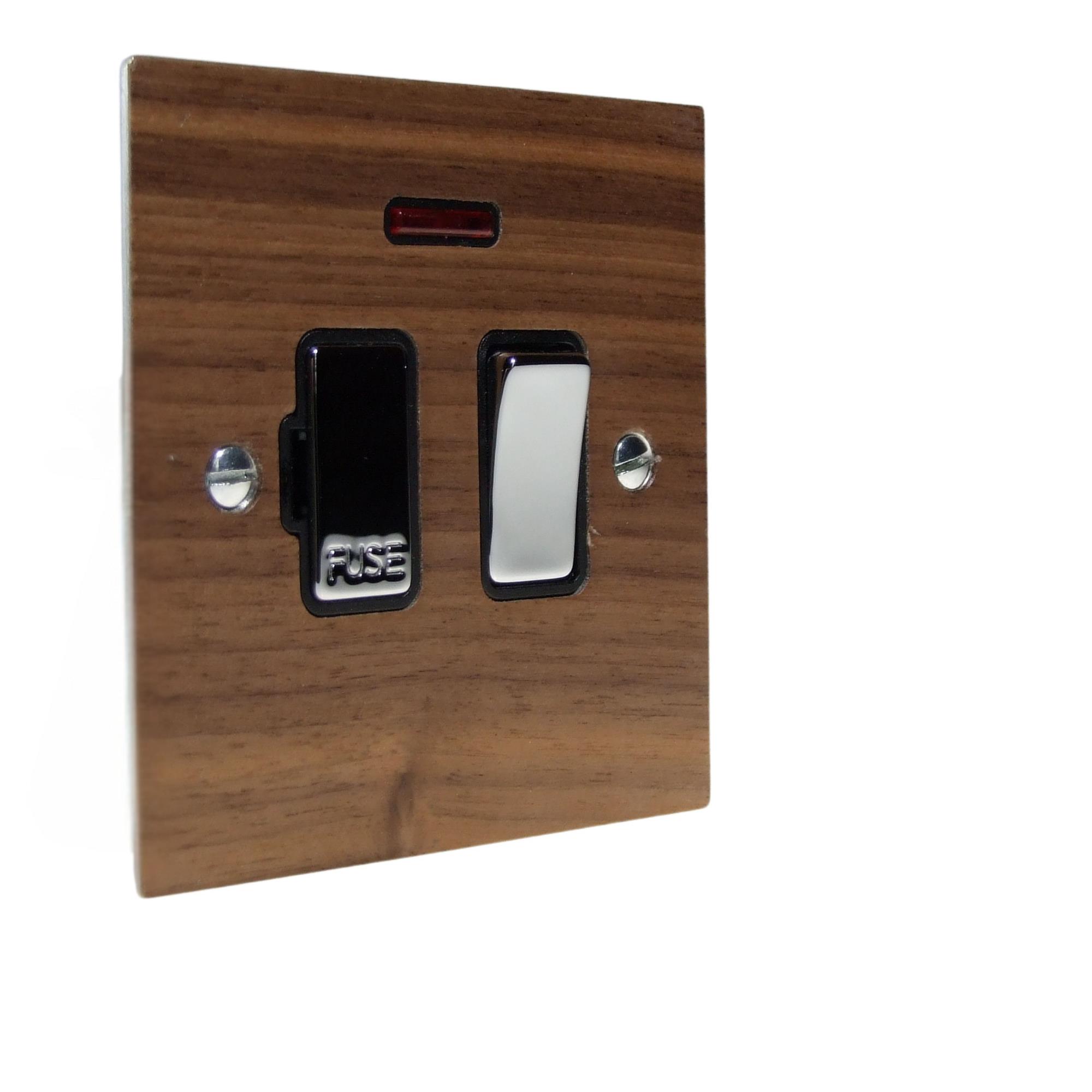 Walnut Veneer Switch Fuse Spur Polished Chrome and Black With Neon