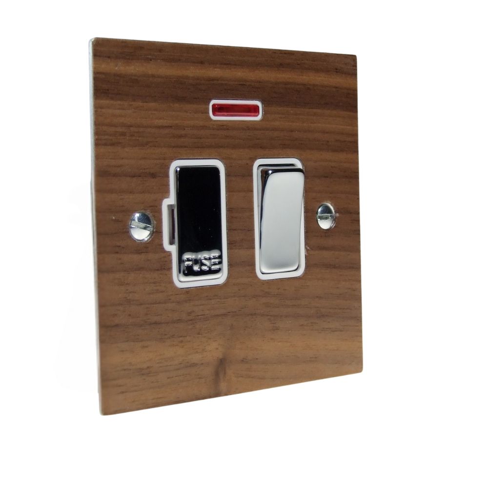 Walnut Veneer Switch Fuse Spur Polished Chrome and White with Neon