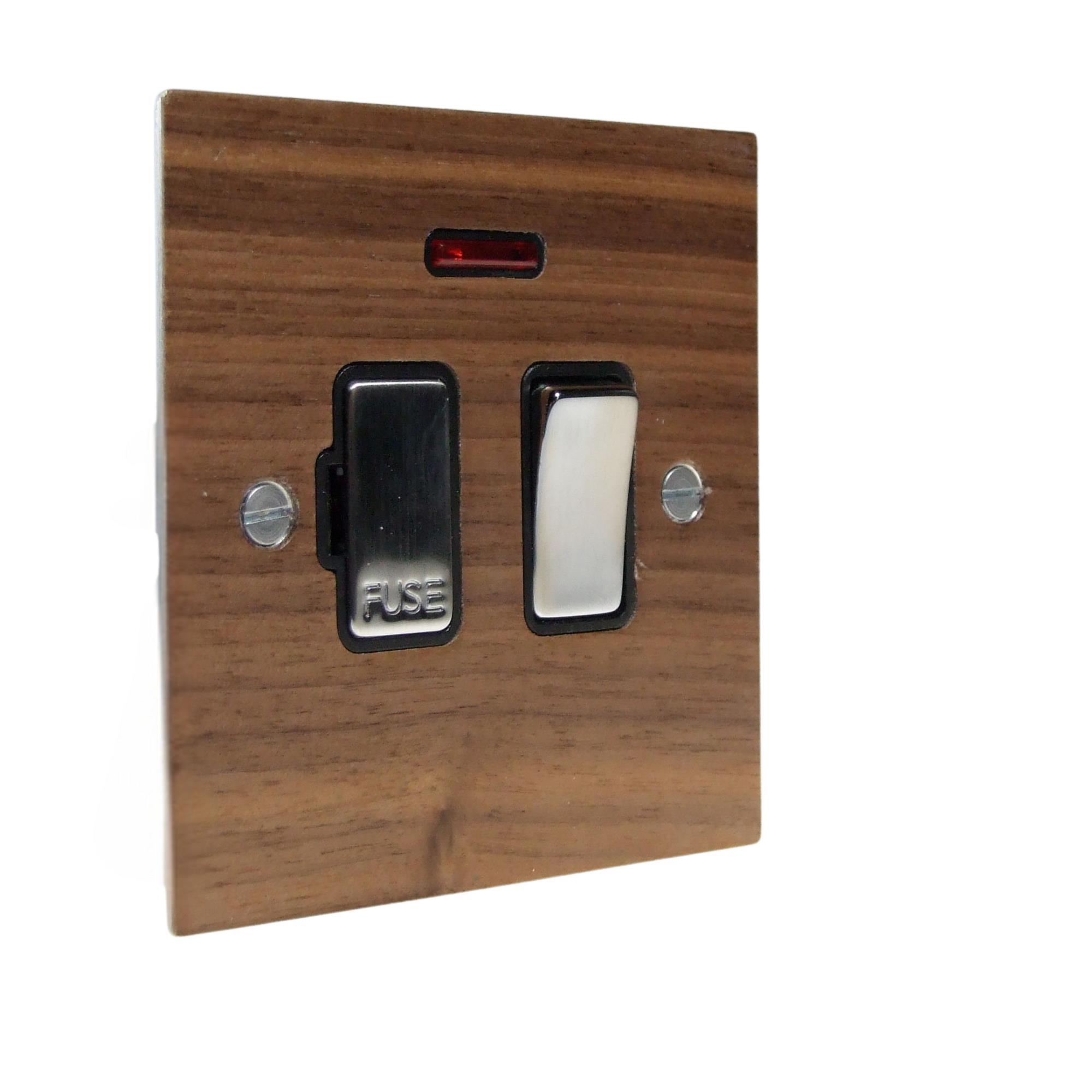 Walnut Veneer Switch Fuse Spur Satin Stainless and Black with Neon