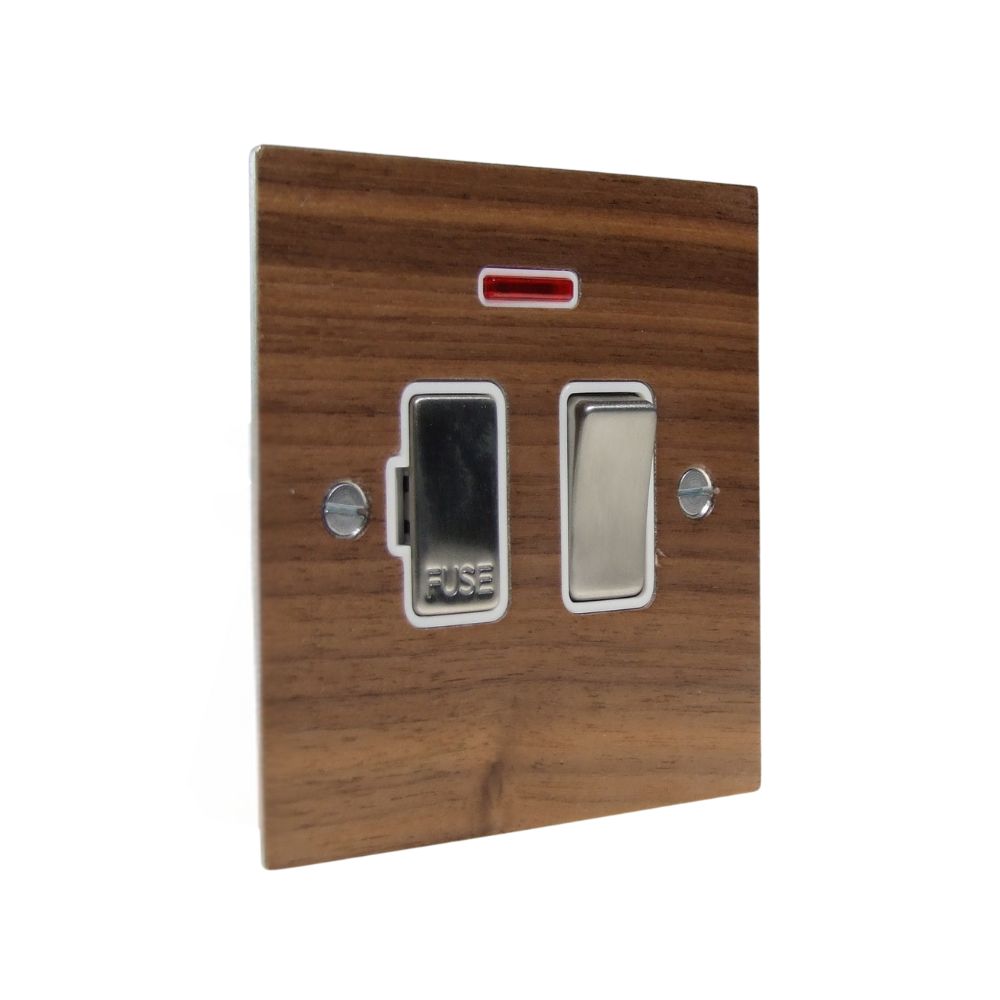 Walnut Veneer Switch Fuse Spur Satin Stainless and White with Neon