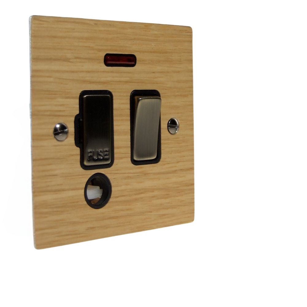 Oak Veneer Switch Fuse Spur Antique Brass and Black with Neon and Cord Outlet