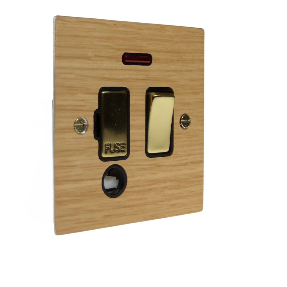 Oak Veneer Switch Fuse Spur Polished Brass and Black with Neon and Cord Outlet