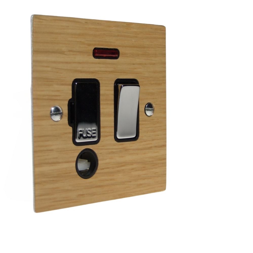 Oak Veneer Switch Fuse Spur Polished Chrome and Black With Neon and Cord Outlet
