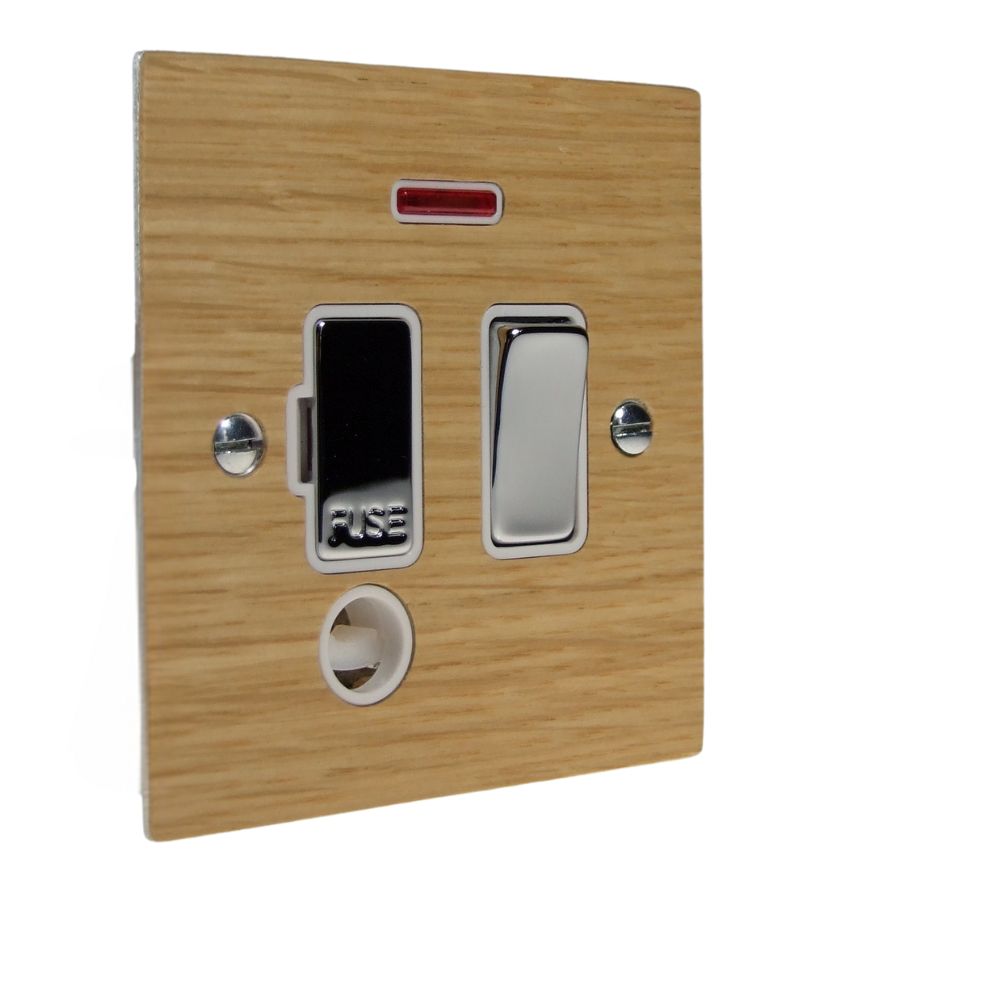 Oak Veneer Switch Fuse Spur Polished Chrome and White with Neon and Cord Outlet