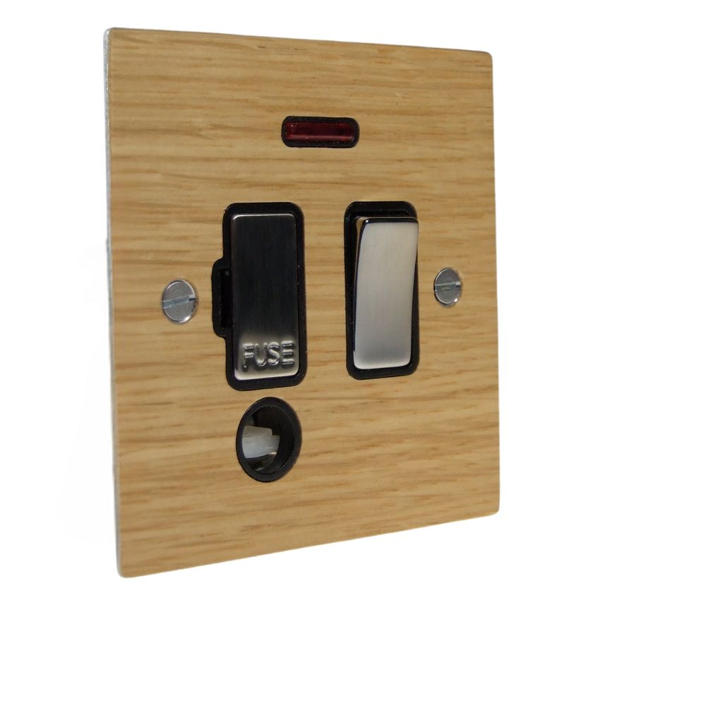 Oak Veneer Switch Fuse Spur Satin Stainless and Black with Neon and Cord Outlet