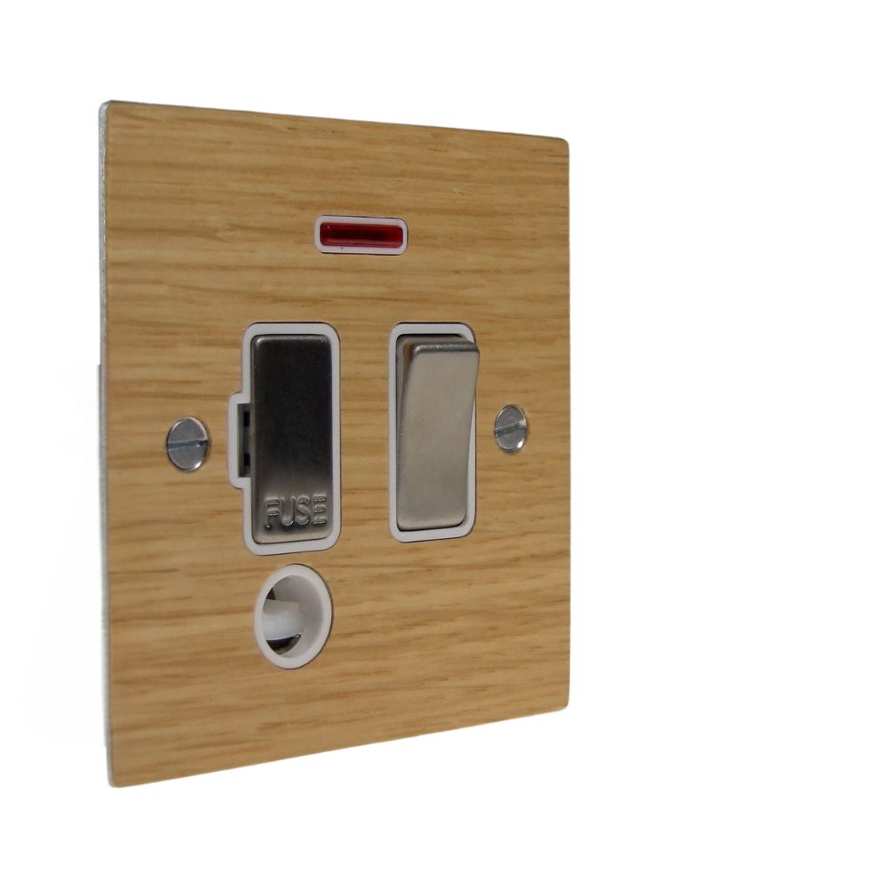 Oak Veneer Switch Fuse Spur Satin Stainless and White with Neon and Cord Outlet