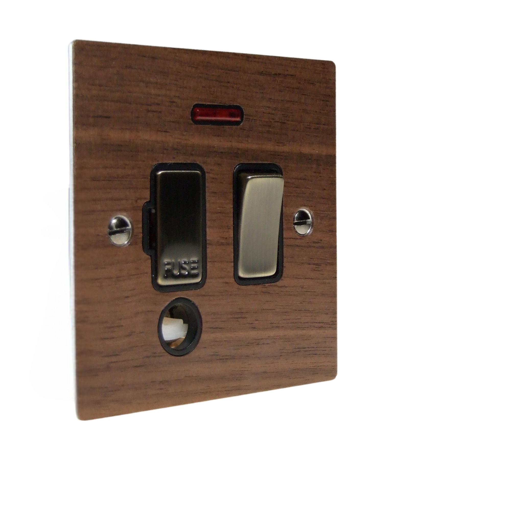 Walnut Veneer Switch Fuse Spur Antique Brass and Black with Neon and Cord Outlet