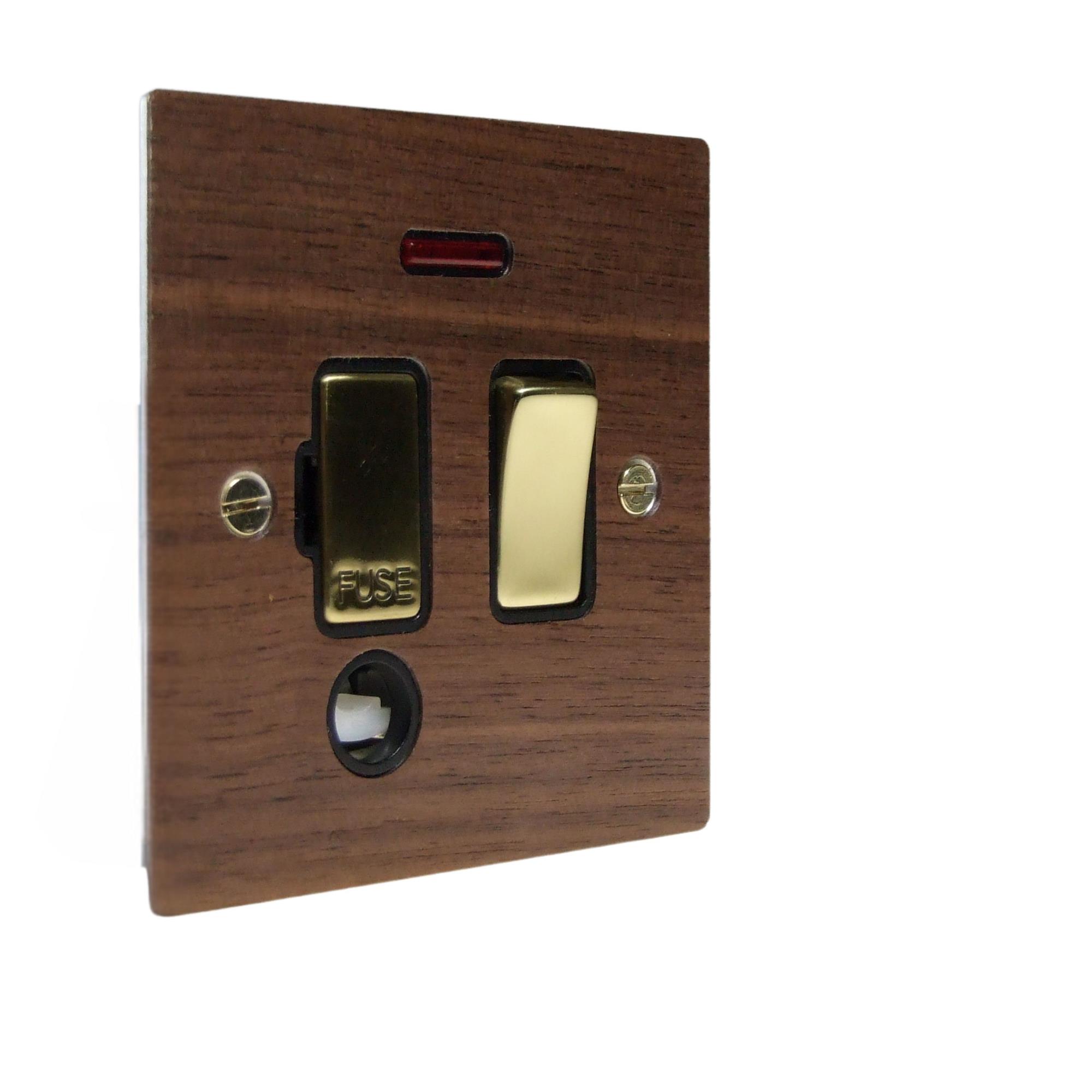 Walnut Veneer Switch Fuse Spur Polished Brass and Black with Neon and Cord Outlet