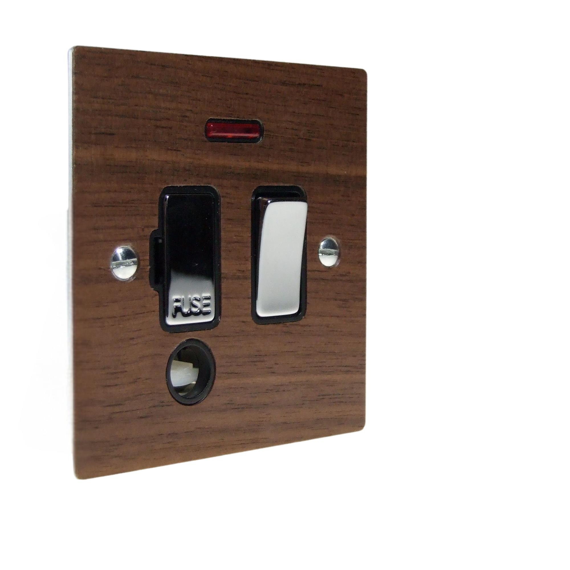 Walnut Veneer Switch Fuse Spur Polished Chrome and Black With Neon and Cord Outlet