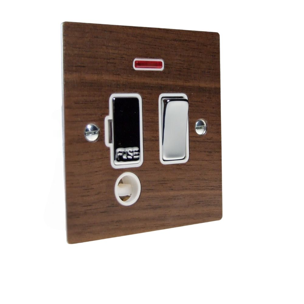 Walnut Veneer Switch Fuse Spur Polished Chrome and White with Neon and Cord Outlet