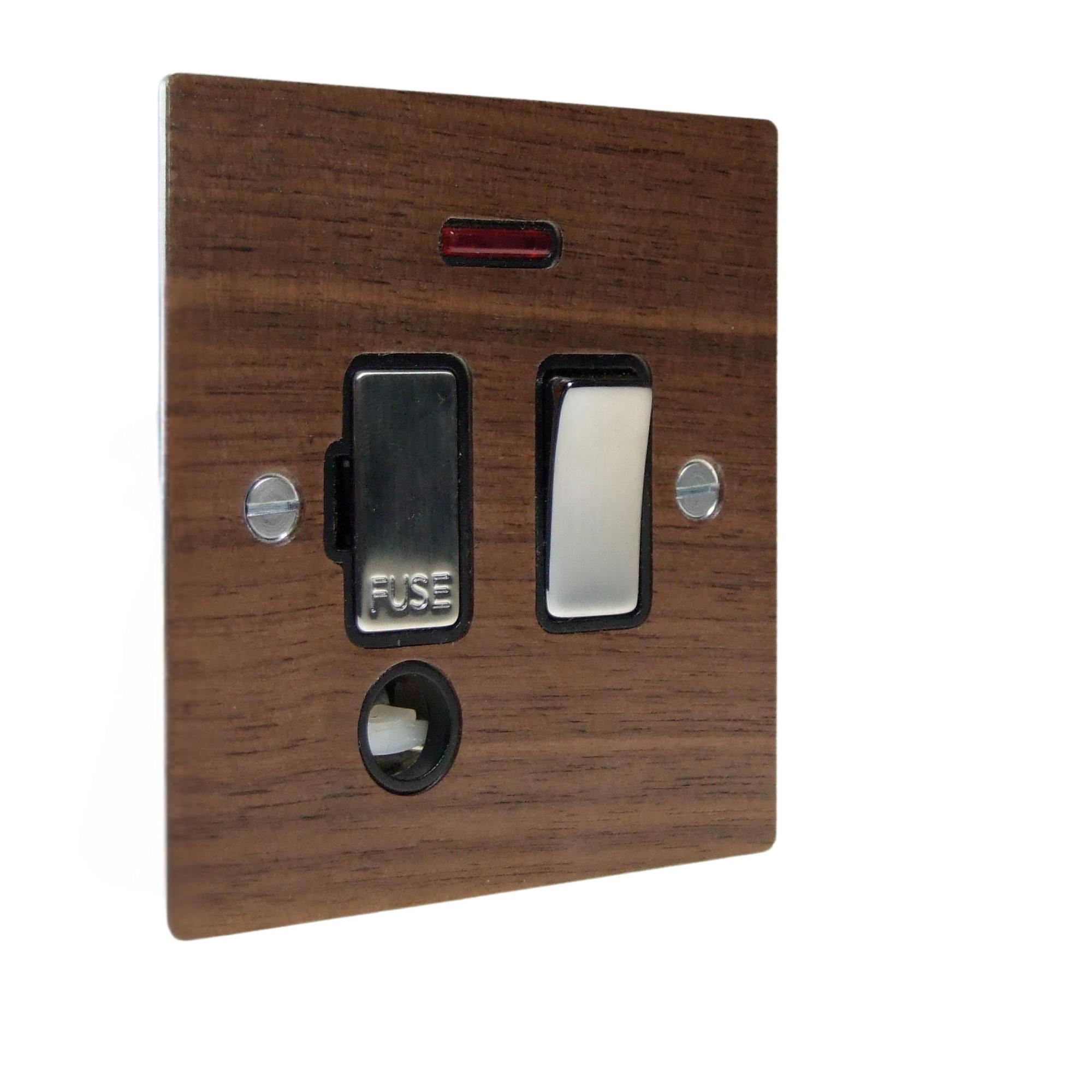 Walnut Veneer Switch Fuse Spur Satin Stainless and Black with Neon and Cord Outlet