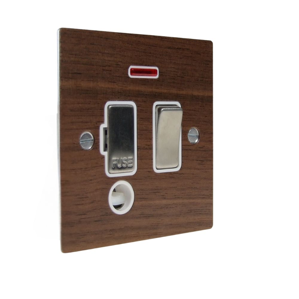 Walnut Veneer Switch Fuse Spur Satin Stainless and White with Neon and Cord Outlet