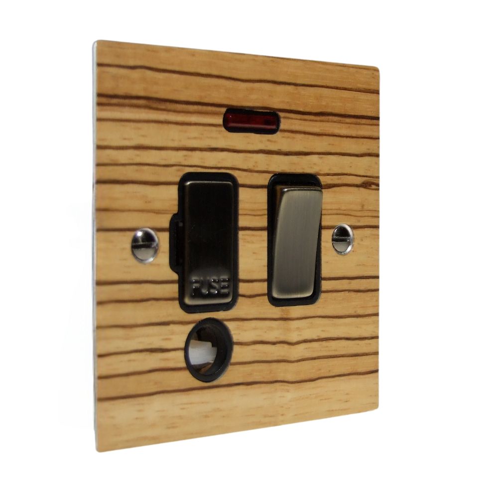 Zebranno Veneer Switch Fuse Spur Antique Brass and Black with Neon and Cord Outlet