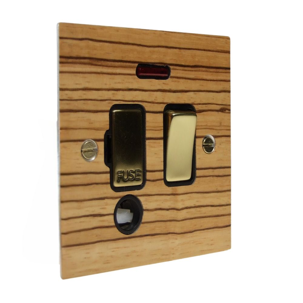 Zebranno Veneer Switch Fuse Spur Polished Brass and Black with Neon and Cord Outlet