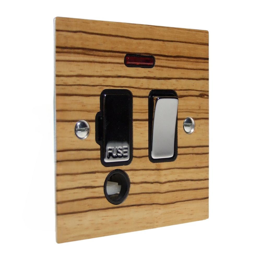 Zebranno Veneer Switch Fuse Spur Polished Chrome and Black With Neon and Cord Outlet