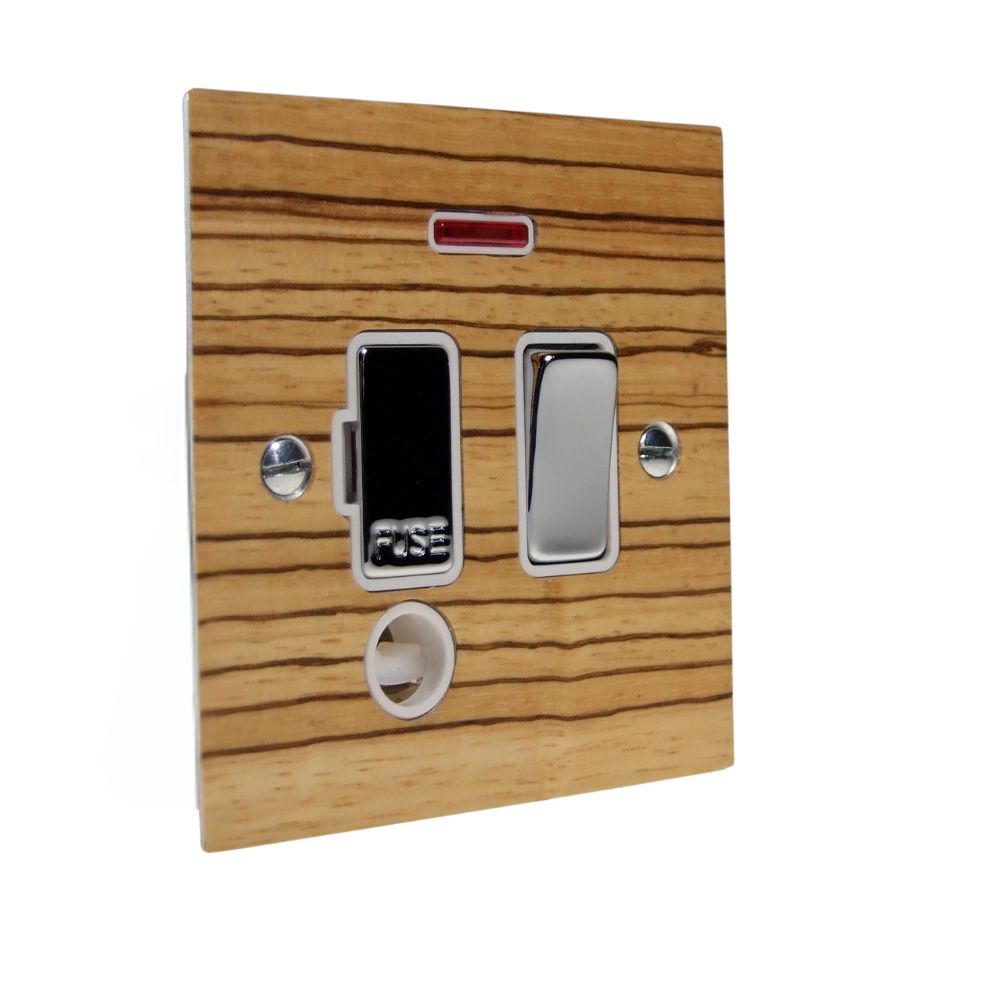Zebranno Veneer Switch Fuse Spur Polished Chrome and White with Neon and Cord Outlet
