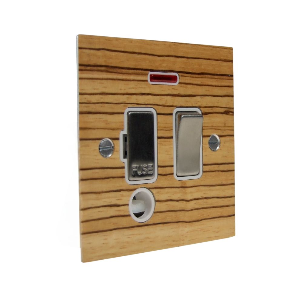 Zebranno Veneer Switch Fuse Spur Satin Stainless and White with Neon and Cord Outlet