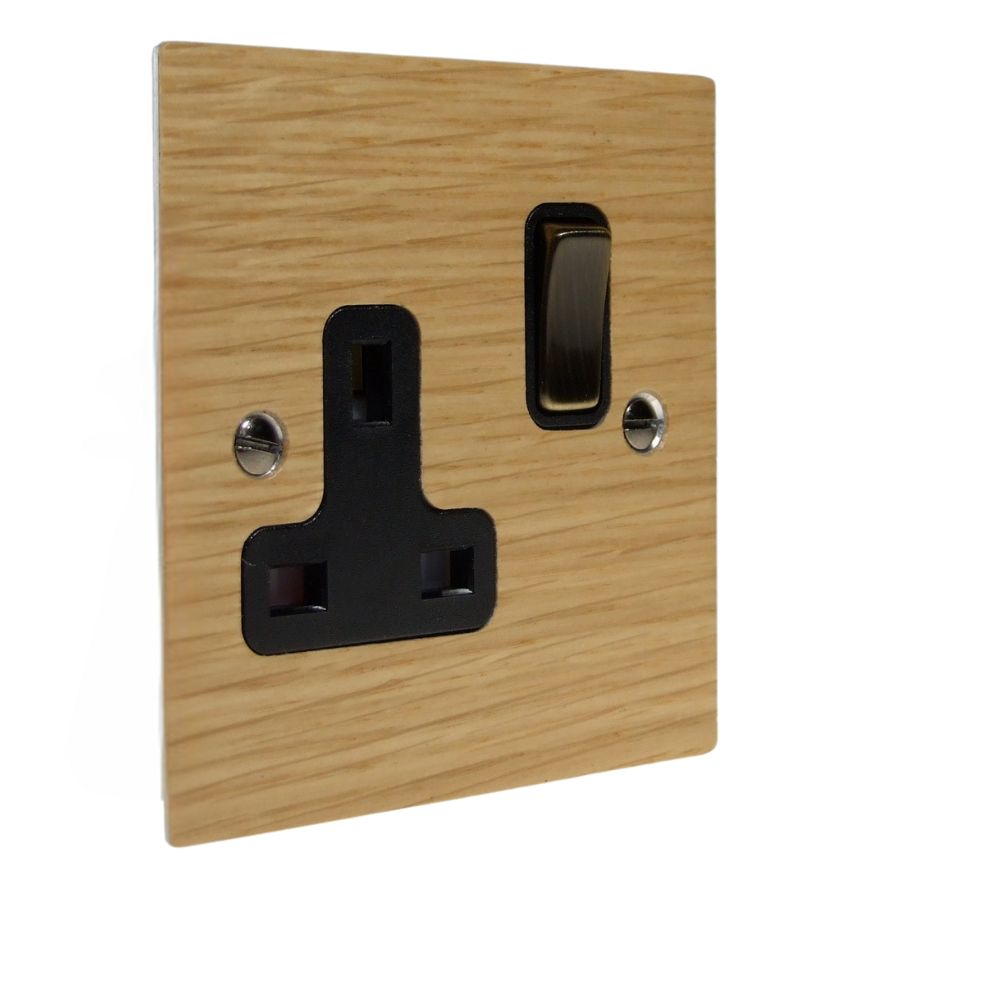 Oak Veneer Single Switched Socket Antique Brass and Black