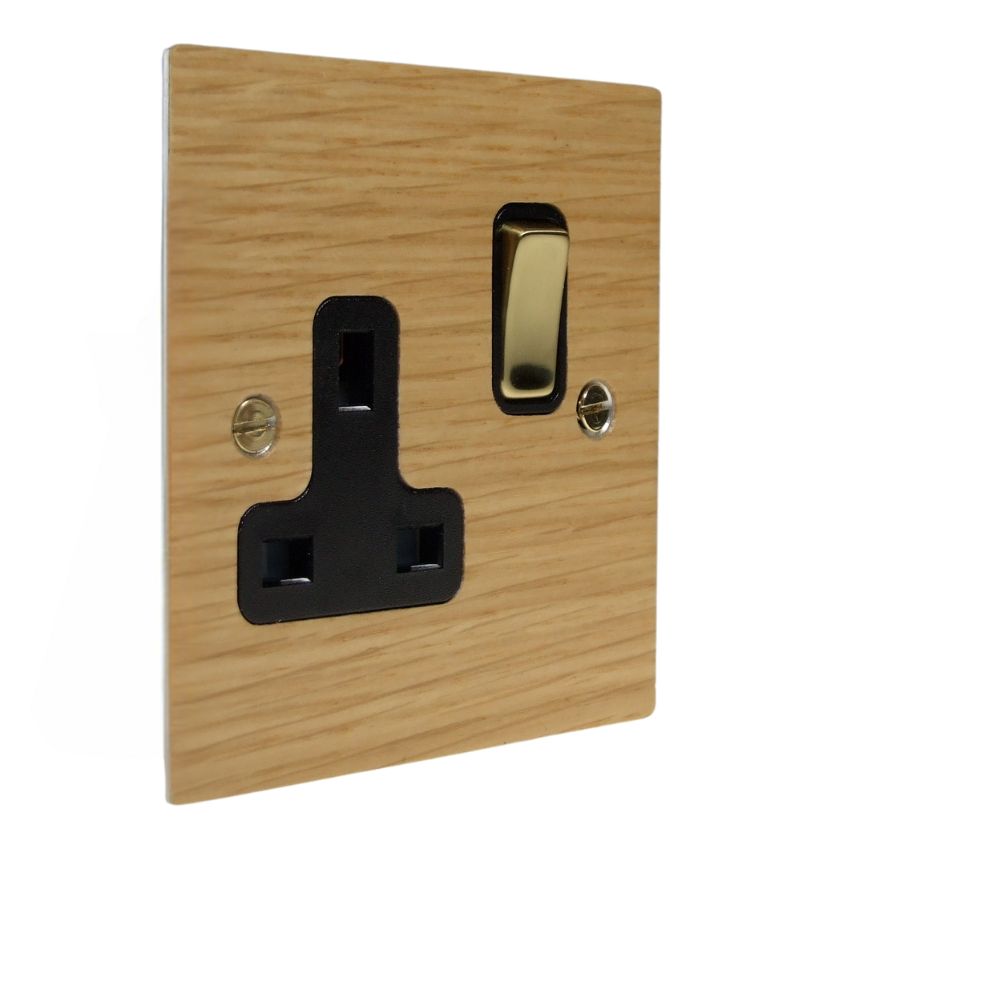 Oak Veneer Single Switched Socket Polished Brass and Black