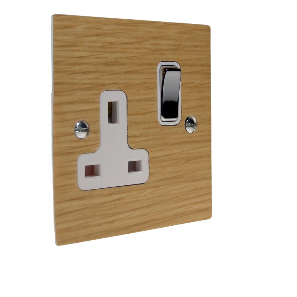 Oak Veneer Single Switched Socket Polished Chrome and White