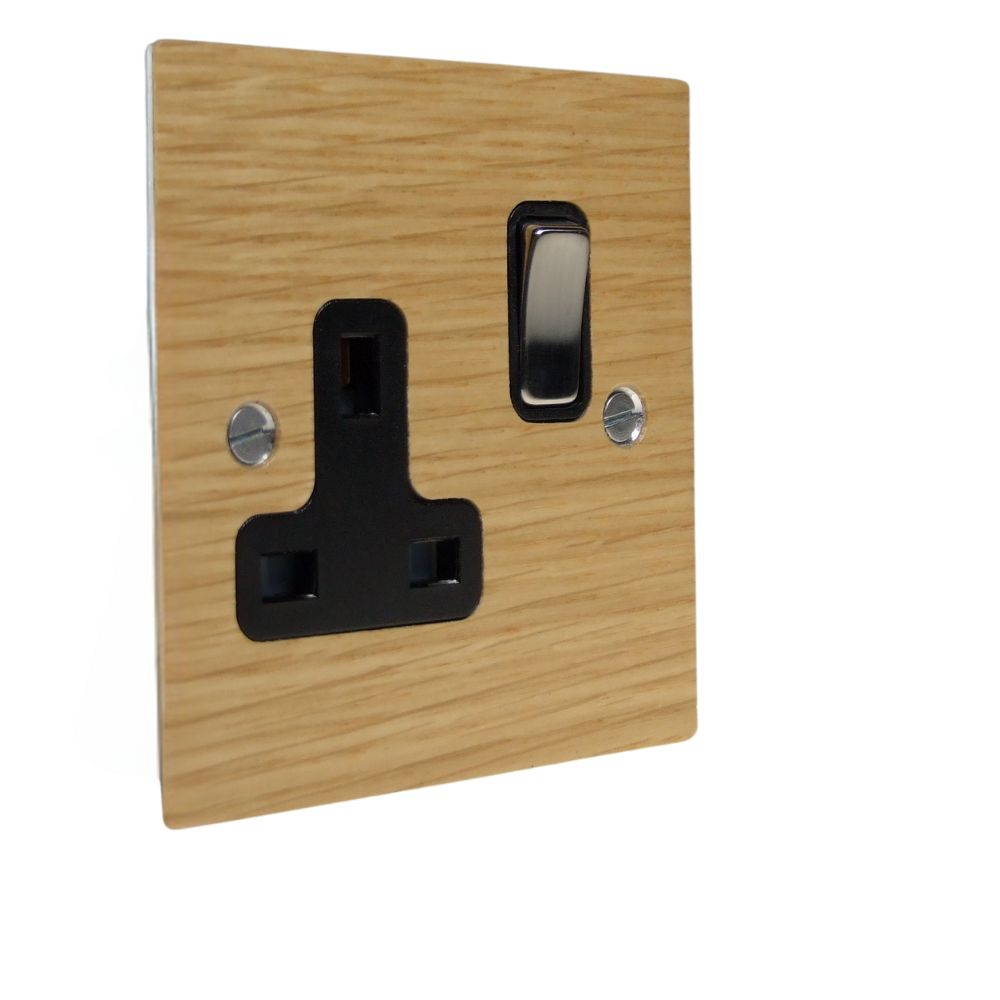 Oak Veneer Single Switched Socket Satin Stainless and Black