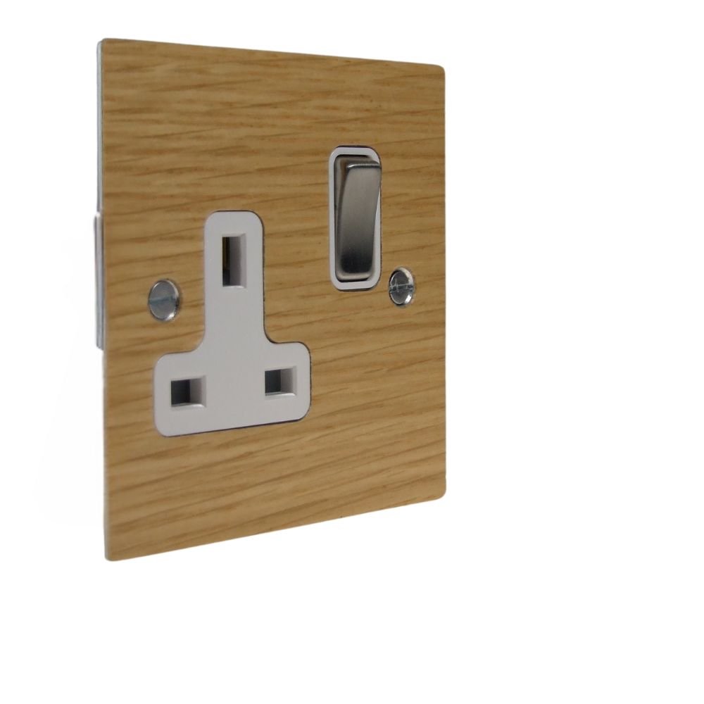 Oak Veneer Single Switched Socket Satin Stainless and White