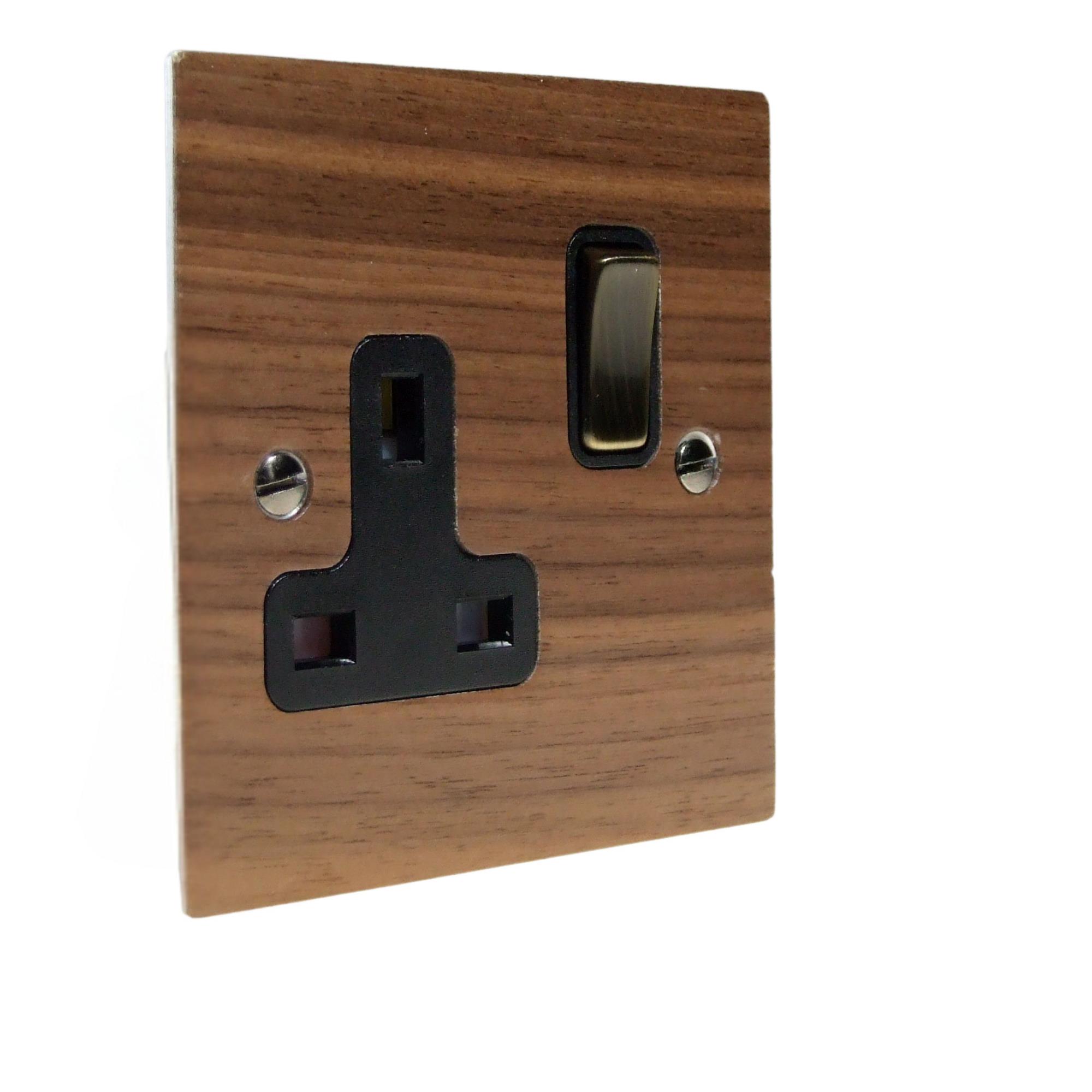 Walnut Veneer Single Switched Socket Antique Brass and Black