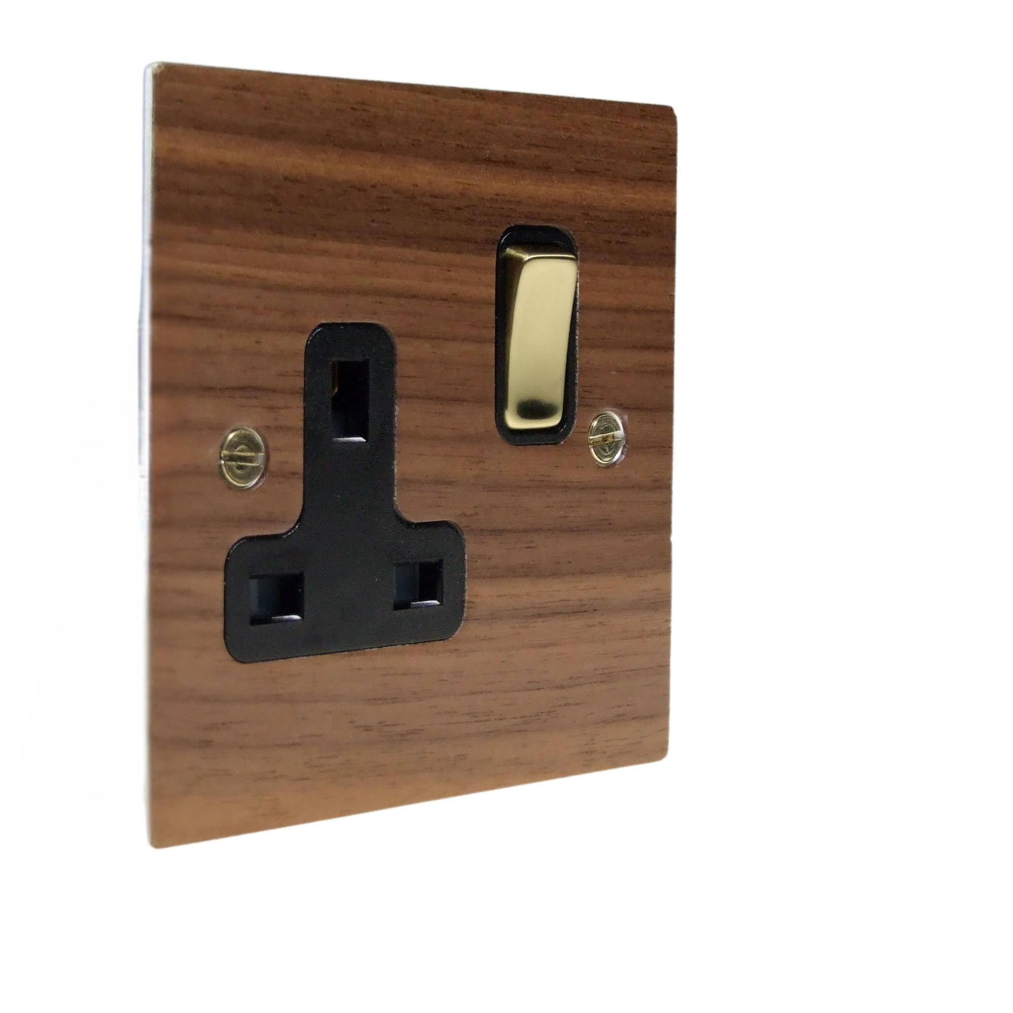 Walnut Veneer Single Switched Socket Polished Brass and Black