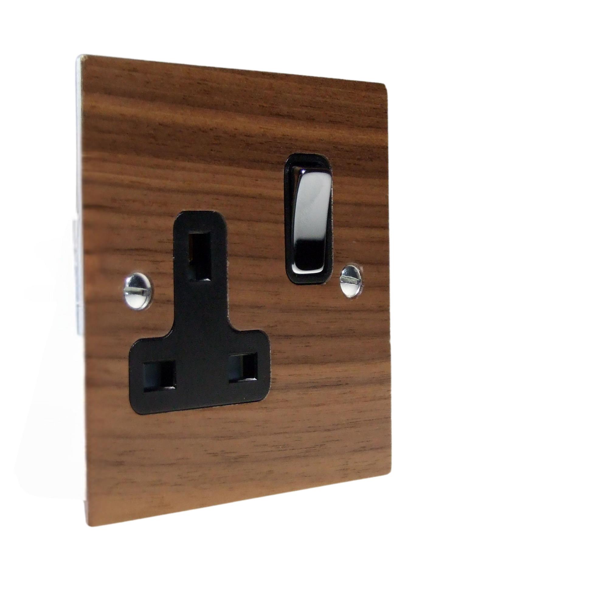 Walnut Veneer Single Switched Socket Polished Chrome and Black