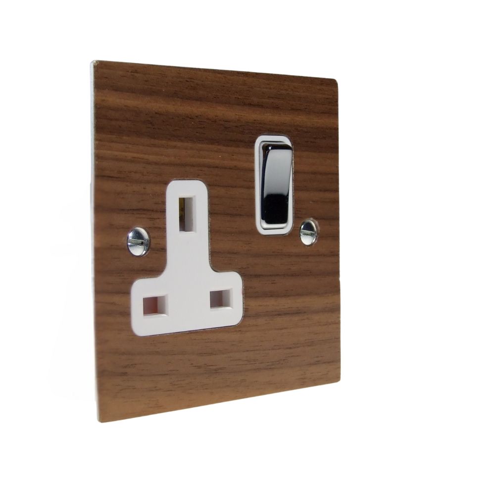 Walnut Veneer Single Switched Socket Polished Chrome and White