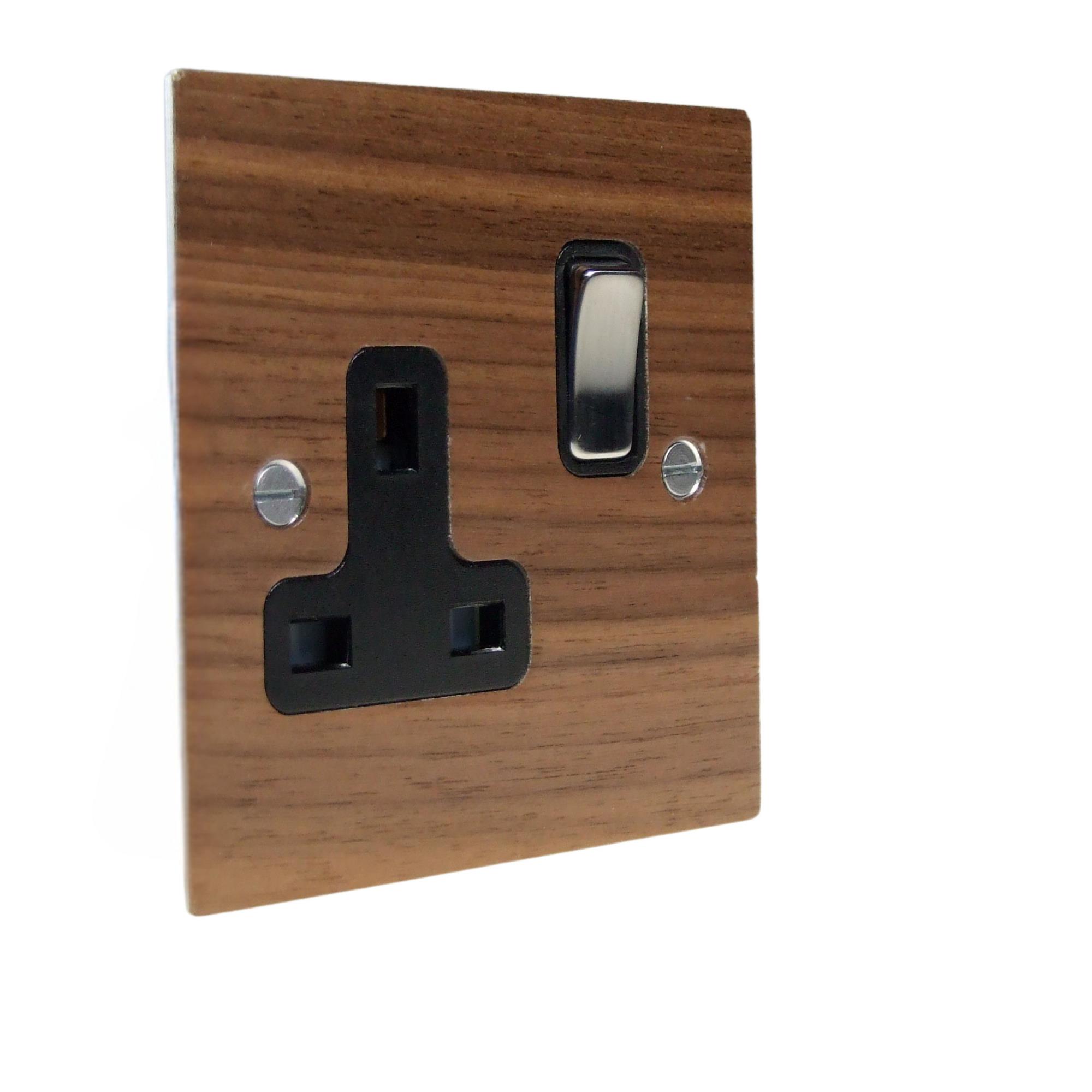 Walnut Veneer Single Switched Socket Satin Stainless and Black
