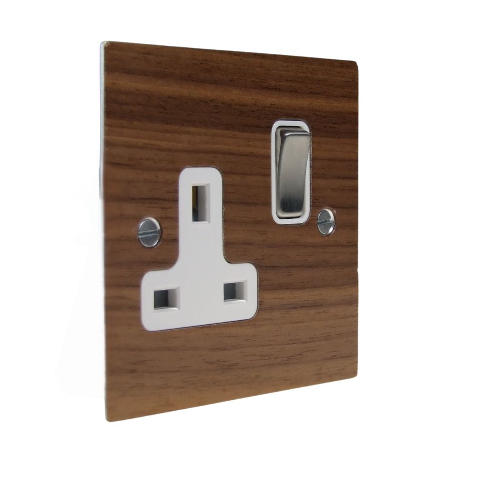 Walnut Veneer Single Switched Socket Satin Stainless and White